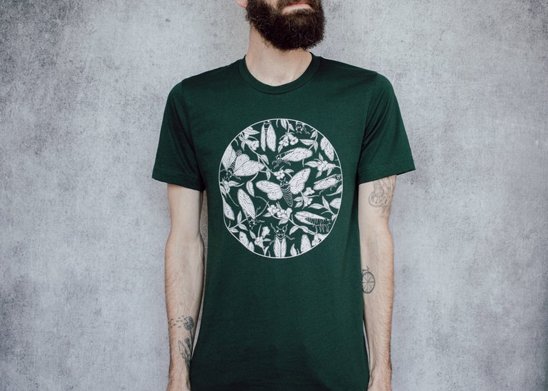 Cicada and Floral Emerge Forest Green Screen Printed T-Shirt image 5