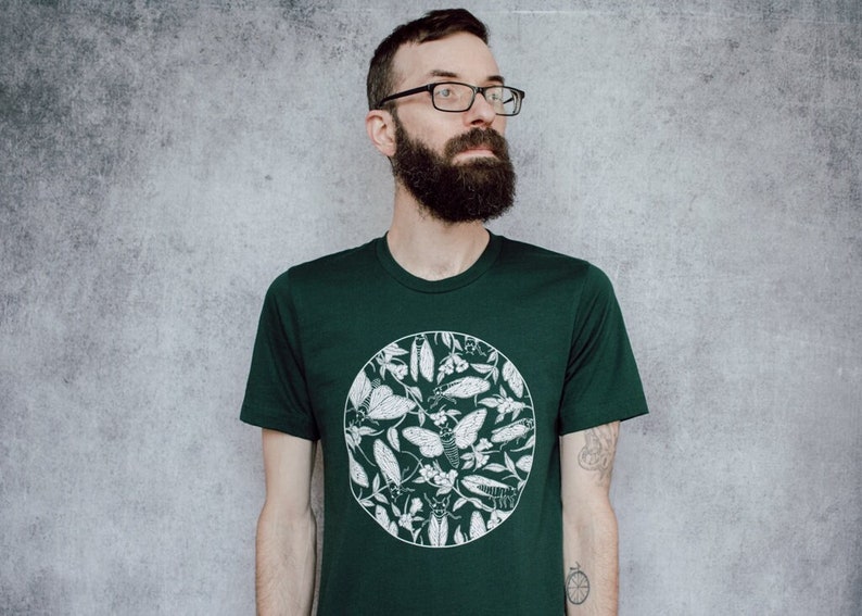 Cicada and Floral Emerge Forest Green Screen Printed T-Shirt image 1