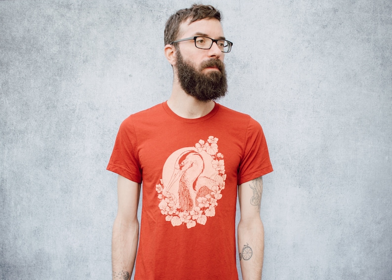 Nasturtium and Heron Brick Red Tri Blend Screen Printed Unisex Tee image 9