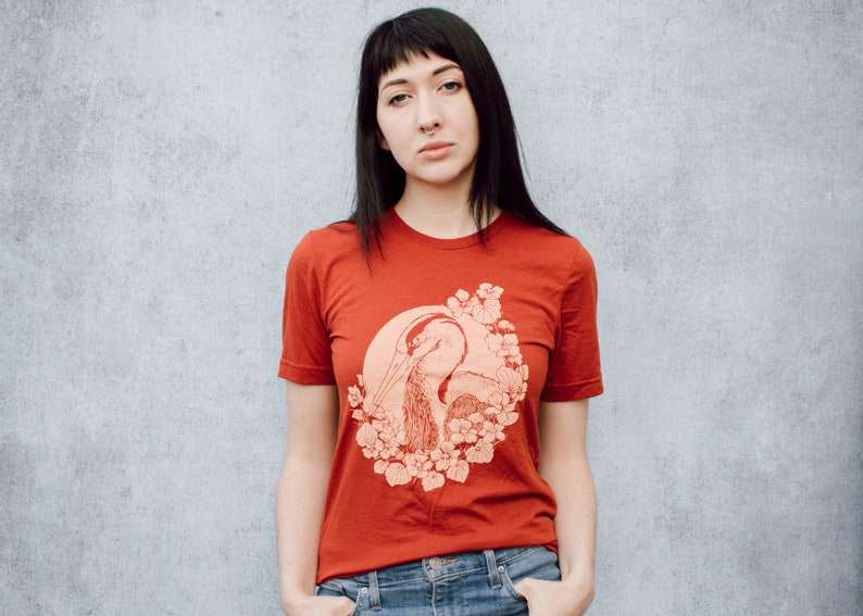 Nasturtium and Heron Brick Red Tri Blend Screen Printed Unisex Tee image 3