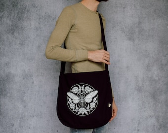 Cicada Floral Black Organic Cotton Slouch Bag