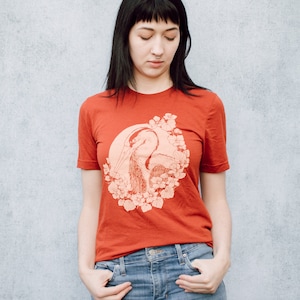 Nasturtium and Heron Brick Red Tri Blend Screen Printed Unisex Tee image 6