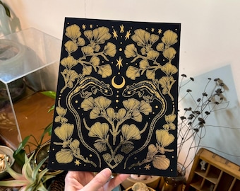 Midas Print No. 6 Gold Foil Matte Black Golden Striped Salamander Ginkgo Shrine Print