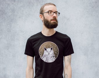 Shimmering Cosmic Owl Black Screen Printed Punk Unisex T-Shirt