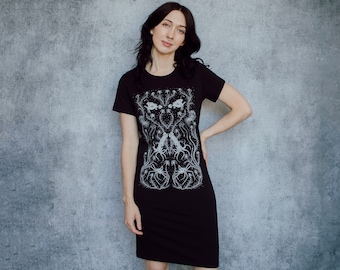 Deep Sea Creature Black Screen Printed Cotton T-Shirt Dress