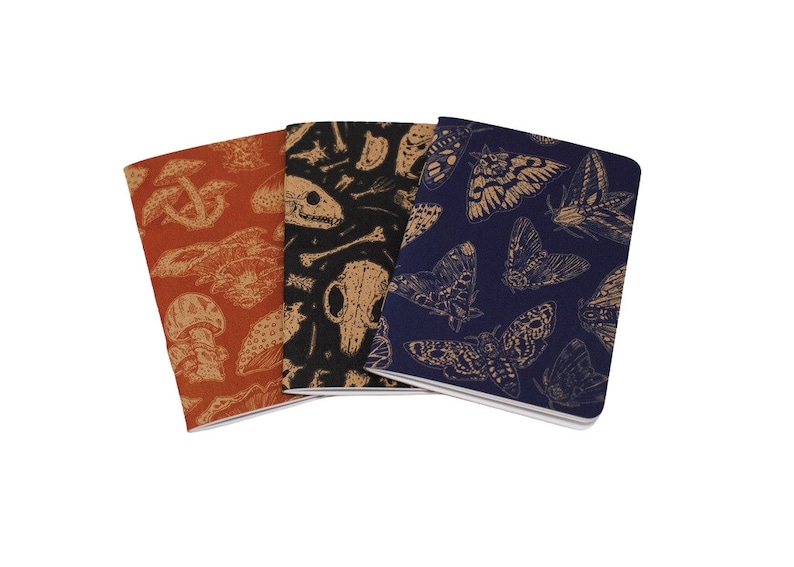 A set of three kraft cardstock pocket notebooks with natural illustration patters on the outside. One is print in blue ink with moths, one is black ink with skulls, and the third is red ink with various mushrooms and fungi.