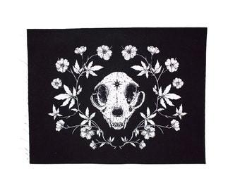 Cat Skull and Cinquefoil Sew On Punk Back Patch in Black