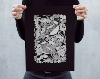 Magpie and Bontanicals Open Edition Black and White Screen Printed Poster