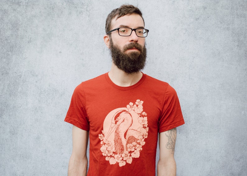 Nasturtium and Heron Brick Red Tri Blend Screen Printed Unisex Tee image 1