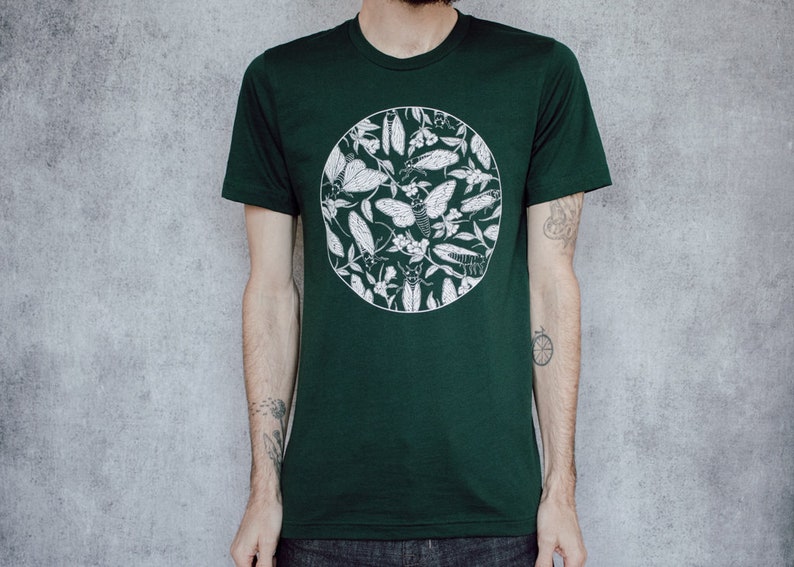 Cicada and Floral Emerge Forest Green Screen Printed T-Shirt image 6