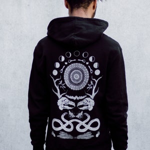 Rabbit Skull Antler Black Zip Up Screen Print Punk Moon Phase Fleece Hoodie