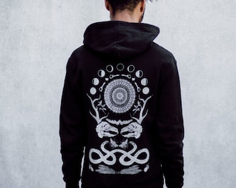 Rabbit Skull Antler Black Zip Up Screen Print Punk Moon Phase Fleece Hoodie