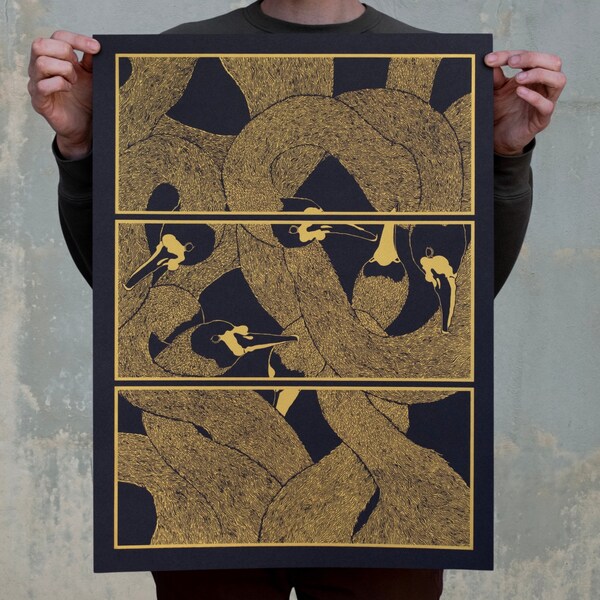 Entangled Golden Swan Open Edition Gold on Black Screen Printed Poster