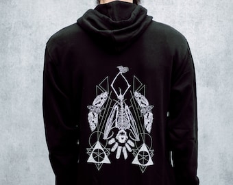 Geometric Hanging Bat Skeleton Black Zip Up Screen Print Punk Fleece Hoodie