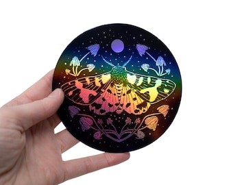 Moth and Mushroom Circle Holographic Foil Sticker
