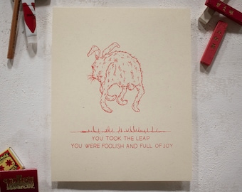 Impresión de pantalla a mano Joy Rabbit Impresión artística roja sobre crema