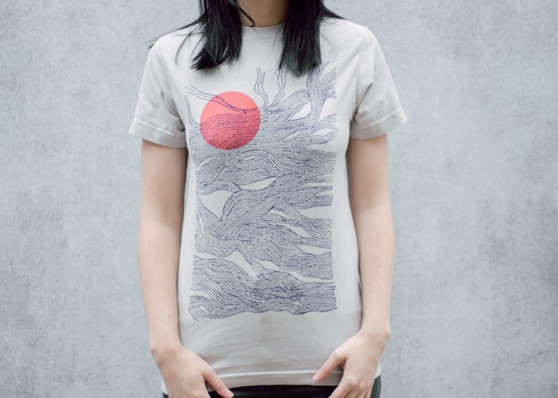 Sun and Waves Abstract Screen Printed Grey T-Shirt image 2