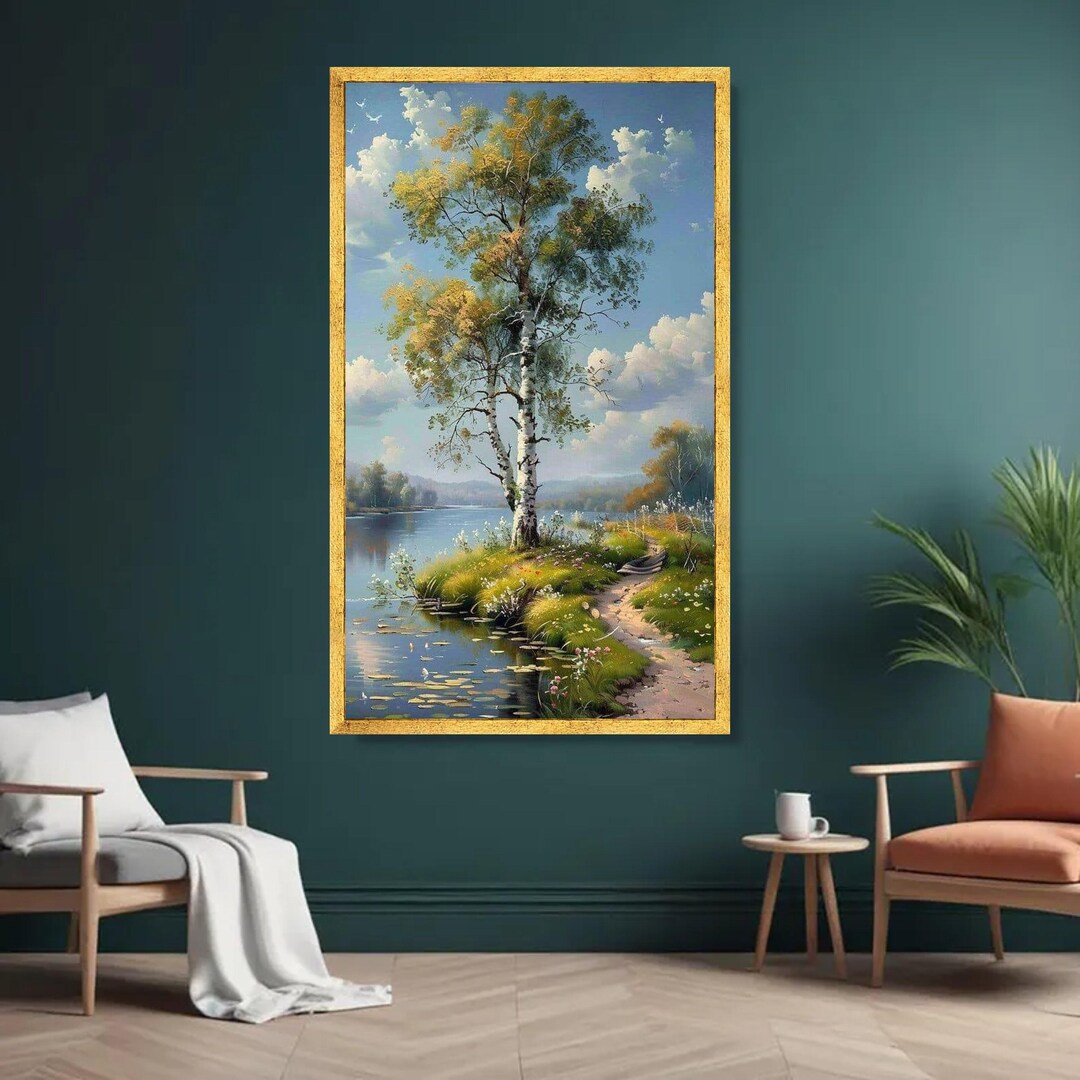 Tranquil Lakeside Path Canvas, Birch Tree Landscape, Nature Wall Art ...