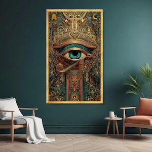 Mystisches Auge des Horus Leinwand, ägyptisches Symbol Wandkunst, alter Pharao Kunstwerk, Blaues Auge Leinwand, kompliziertes Golddesign, Dekoration