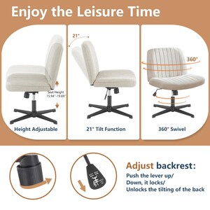 Modern Desk Chair – Armless Wide Seat, Adjustable Swivel – Fabric or Leather image 14