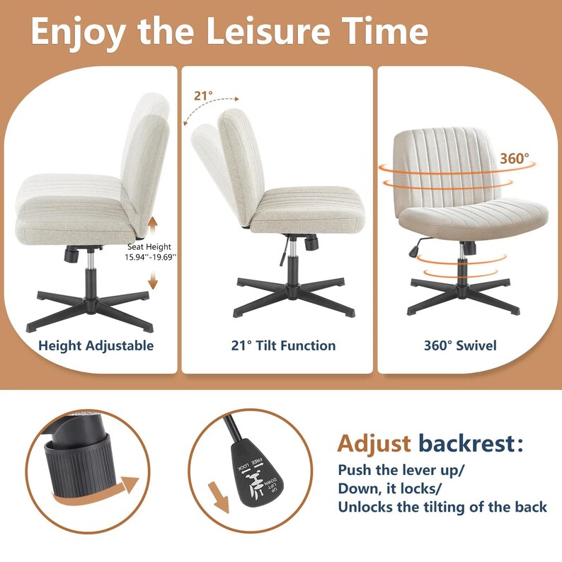 Modern Desk Chair – Armless Wide Seat, Adjustable Swivel – Fabric or Leather image 14