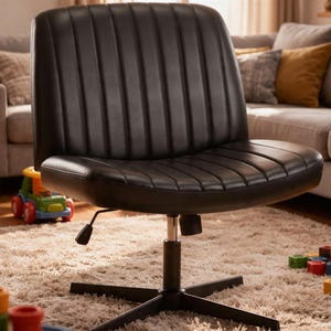 May include: Black office chair with a low back and a five-star base. The chair has vertical stitching on the back and seat. The chair is on a beige carpet in a living room setting.