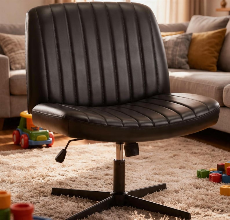 May include: Black office chair with a low back and a five-star base. The chair has vertical stitching on the back and seat. The chair is on a beige carpet in a living room setting.