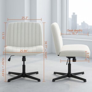 May include: Off-white office chair with a black base. The chair has a vertically ribbed back and seat. Dimensions are shown in inches: 25.2" wide, 25.98" seat, 13.78" back, 15.94"-19.69" height, 39.71"-34.45" back height, 18.7" seat depth, and 3.74" thick seat.