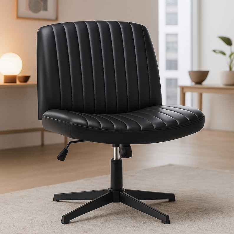 Modern Desk Chair – Armless Wide Seat, Adjustable Swivel – Fabric or Leather image 9
