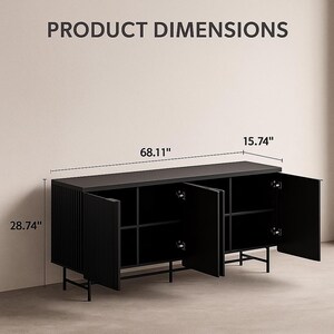 May include: Black cabinet with three doors open, revealing interior shelves. The cabinet is 68.11 inches wide, 28.74 inches high, and 15.74 inches deep. The text "PRODUCT DIMENSIONS" is at the top.