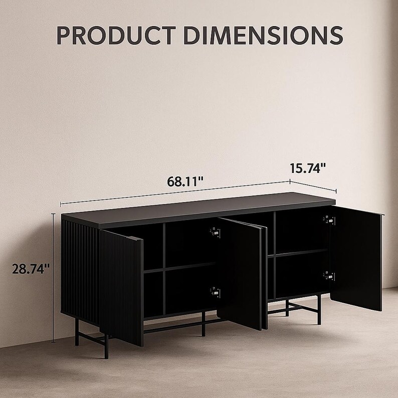 May include: Black cabinet with three doors open, revealing interior shelves. The cabinet is 68.11 inches wide, 28.74 inches high, and 15.74 inches deep. The text "PRODUCT DIMENSIONS" is at the top.