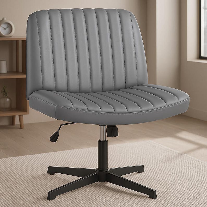 May include: A gray office chair with a ribbed back and seat. The chair has a black, five-point base and a height-adjustable mechanism. The chair is made of a smooth, leather-like material.