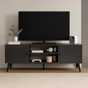 Mid-Century Modern TV Stand – 53&quot; Black Media Console with Adjustable Shelf & Storage Cabinets