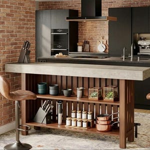 May include: A modern kitchen island with a concrete countertop and wooden base. The island features open shelving with various kitchen items, including jars, copper pots, and decorative terrariums. A brown leather bar stool is in the foreground, with a brick wall in the background.