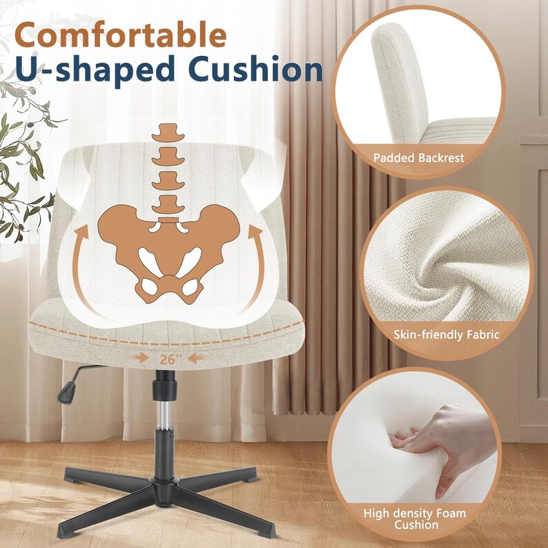 Modern Desk Chair – Armless Wide Seat, Adjustable Swivel – Fabric or Leather image 13