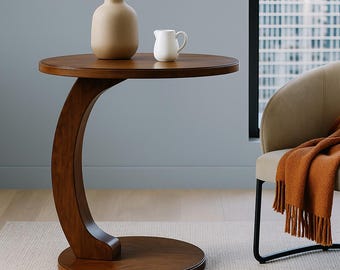 Mid-Century Walnut Side Table – Round C-Shaped Wood End Table for Living Room