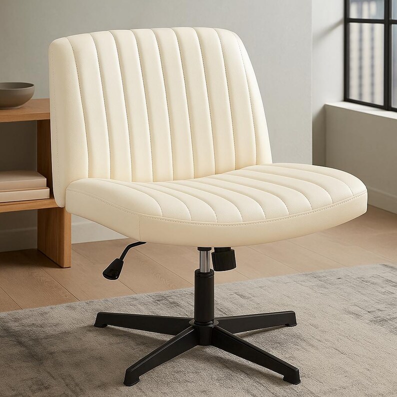 May include: Cream-colored office chair with a ribbed back and seat. The chair has a black, five-star base and a lever for height adjustment. The chair is designed for comfort and support, suitable for a home office or workspace.