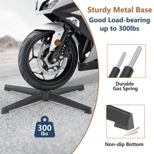 May include: Black metal chair base with a motorcycle tire resting on it. The image highlights the sturdy metal base, capable of supporting up to 300 lbs. Additional text indicates a durable gas spring and a non-slip bottom.