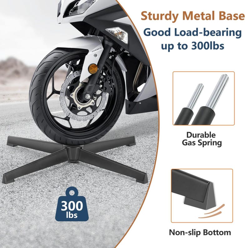 May include: Black metal chair base with a motorcycle tire resting on it. The image highlights the sturdy metal base, capable of supporting up to 300 lbs. Additional text indicates a durable gas spring and a non-slip bottom.