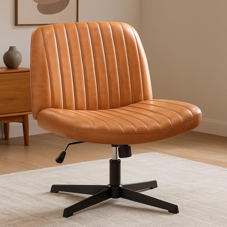Modern Desk Chair – Armless Wide Seat, Adjustable Swivel – Fabric or Leather image 10