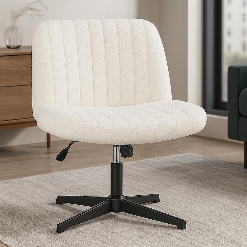 May include: Cream-colored office chair with a vertically ribbed back and seat. The chair has a black, five-star base and a height adjustment lever. The chair is designed for comfort and style, suitable for a home office or workspace.