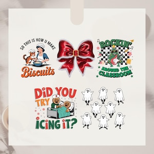 May include: A collection of graphic designs featuring various themes. Includes a red bow, a design with the text "SO THIS IS HOW U MAKE Biscuits", a design with a Christmas tree playing guitar, the text "ROCKIN' AROUND THE CLASSROOM", a design with the text "DID YOU TRY ICING IT?", and several ghost illustrations.