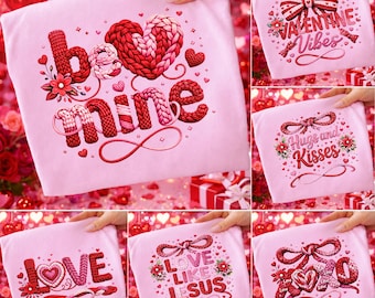 Valentines Day PNG Bundle Faux Yarn Latch Hook Yarn Bow Coquette Sublimation Faux Embroidery XOXO Valentines Day Coquette Valentine designs