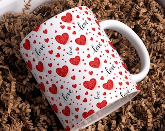 Love Hearts Mug Wrap Sublimation Design PNG, Valentine's Day Mug, 11oz 15oz Mug Template, Coffee Mug Design, Digital Download