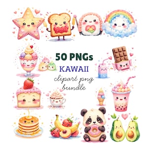 May include: A set of 50 Kawaii clipart PNGs with cute food and character illustrations. Includes a star, toast, sushi, rainbow, ice cream, cake, pancakes, panda with a donut, and more. The text "50 PNGs KAWAI clipart png bundle" is also included.