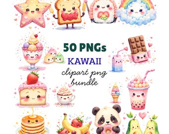 50 Kawaii Clipart Bundle Cute Kawaii PNG Fruits, Animals, Stickers & Chibi Characters