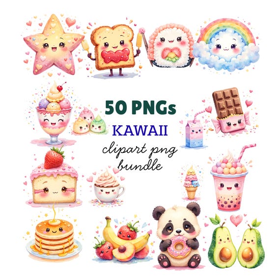 50 Kawaii Clipart Bundle Cute Kawaii PNG Fruits, Animals, Stickers & Chibi Characters