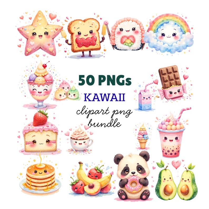 50 Kawaii Clipart Bundle Cute Kawaii PNG Fruits, Animals, Stickers & Chibi Characters