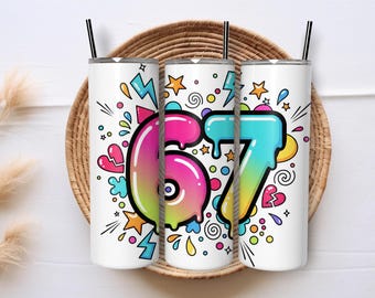Diseño moderno y elegante para fiesta de cumpleaños infantil Six Seven 67 Y2K, vaso delgado de 20 oz, diseños PNG de sublimación, descarga digital
