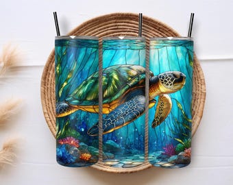 Sea Turtle Ocean Animals  Watercolor Undersea Life 20oz Skinny Tumbler Sublimation Design PNG Template